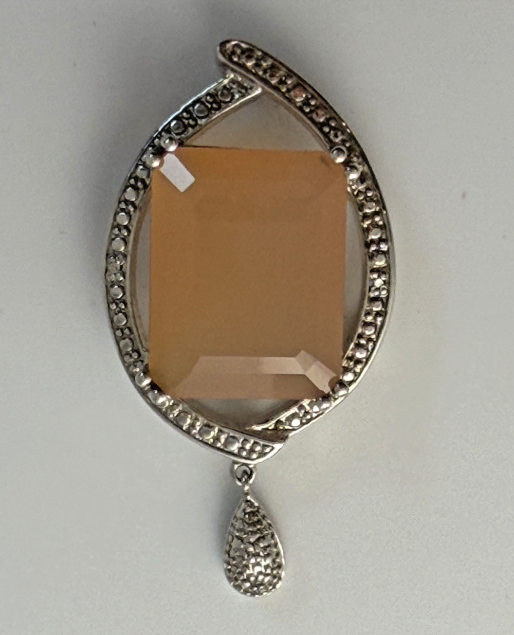 Sterling Silver And Peach Moonstone Vintage Art Deco Style Pendant 925